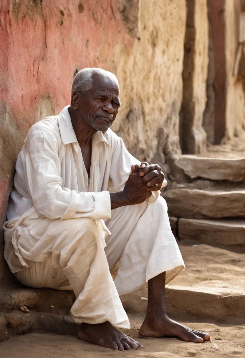 Wise old black man dressed in white, homem bonito, telling a story in a poor village to his Umbanda children