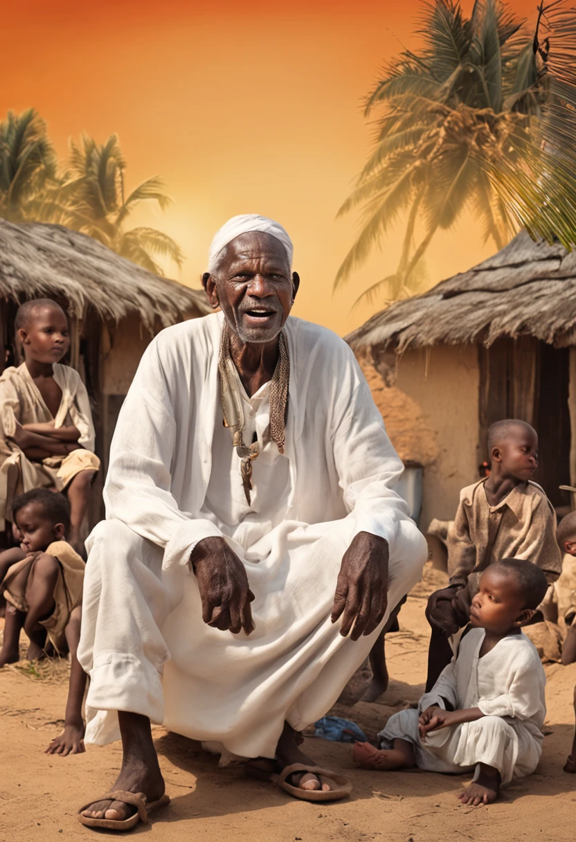 Wise old black man dressed in white, homem bonito, telling a story in a poor village to his Umbanda children