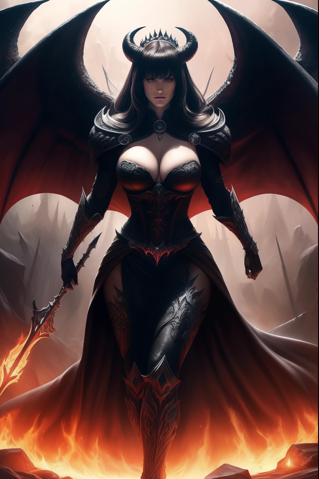 Lisa Ann ultra-detailed: The Empress of Darkness, Background to the destruction of hell, diabolique, insidieux, invincible, couronne sombre, Evil queen, Robe noire et rouge, demon wings dans le dos, Demon horn, Realistic detailed eyes, Shaded illustration of a high-quality cell in hell, corps entier, pose dynamique, anatomie parfaite, centered, Freedom, soul, Approche de la perfection, Ombrage de cellule, 8k , Cinematic dramatic atmosphere, Illumination globale, detailed and intricate environment, ArtStation, Art conceptuel, mise au point fluide et nette, volumeric lighting, lighting cinematic
