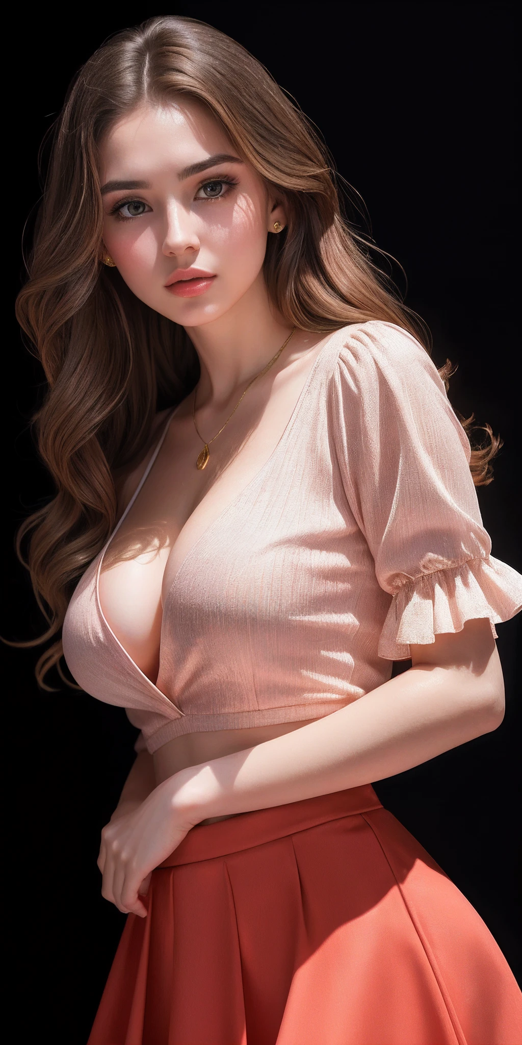 Photo of 25 year old girl, (brown hair with extra long wavy), ((portrait)), (Detailed face: 1.2)), (Detailed facial features)), (Fine skin), pale skin, high detail and deep cleavage, slim body, (cold color), reflection, (masterpiece) (Perfect proportions) (realistic photos) (highest quality), shot with Canon EOS R5, 50mm lens, f/2.8, HDR, (8k) (wallpaper) (movie lighting) (dramatic lighting) (sharp focus) (complex), (fashion, blouse, mini flared pastel skirt), ((full body shot)), (studio background), from below