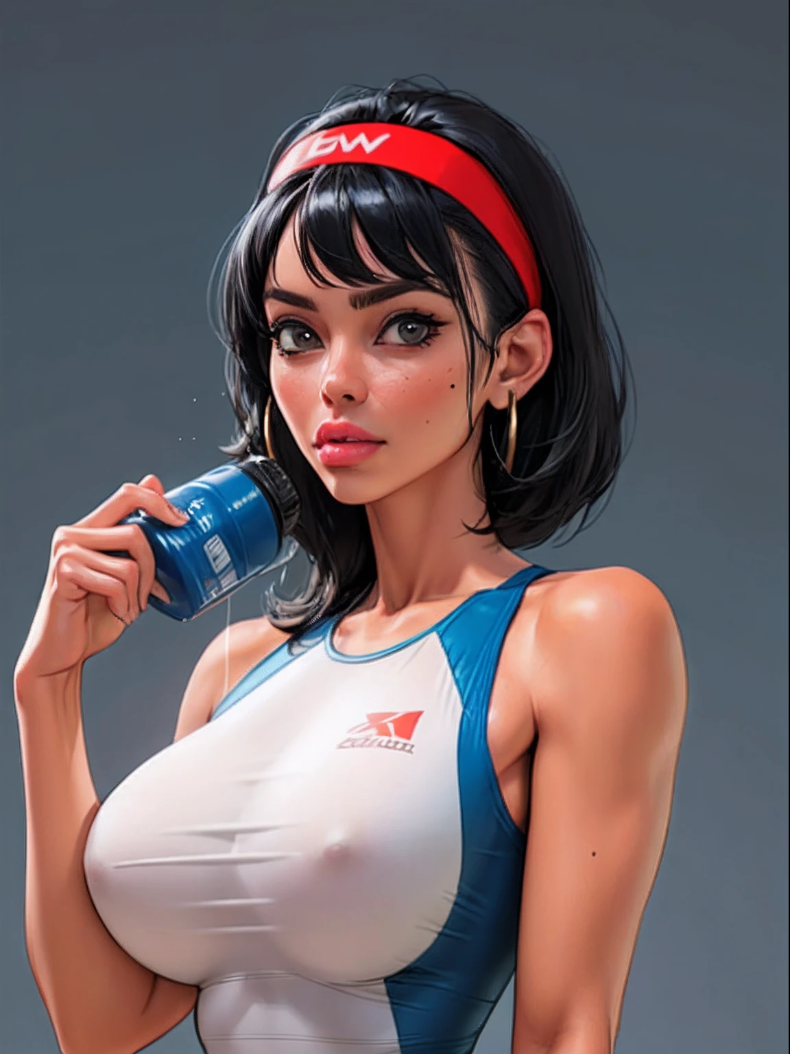 simple background (in women's 80s gym attire: 1.4), thin neon headband, legwarmers, wrist sweatbands, neon clothing, 80s aesthetic, hairspray hairstyle, good hand, 4k, high resolution, masterpiece, best quality, head: 1.3, ((Hasselblad photo)), finely detailed skin, clear focus, (cinematic lighting), soft lighting, dynamic angle, [:(detailed face: 1.2):0.2], belly gaze, huge breasts, breasts, (((inside the mansion))), 1girl, jewelry, earrings, neon_blue_sky, solo, mole, long_hair,   mole_under_eye, upper_body, grey_eyes, looking_at_viewer, black hair, fashion (head tilt: 1.4), plain background, red background,