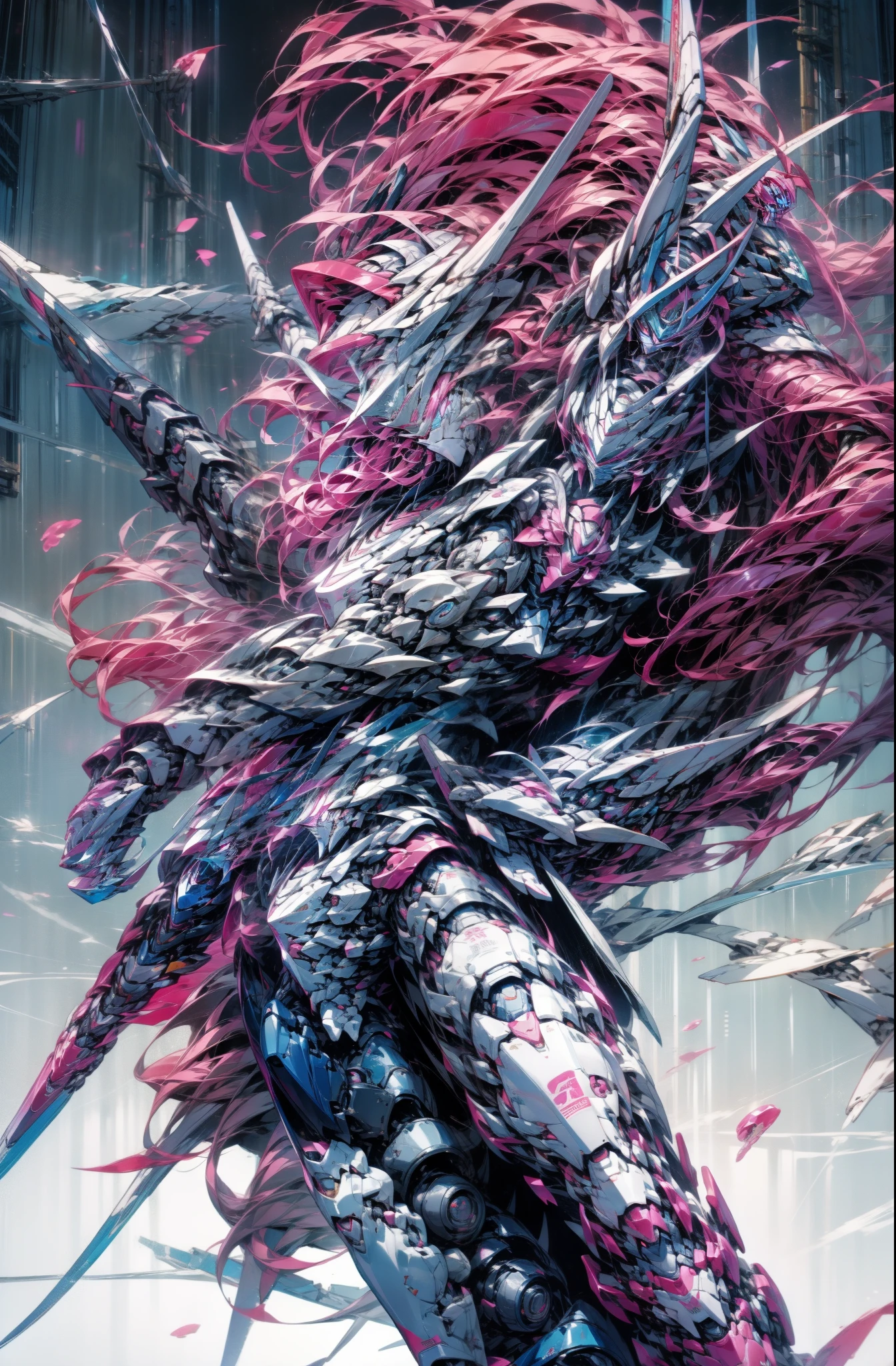 Chinese-style mechs stand next to tall buildings，Pink Long Hair，01，High-quality textures，style of anime，Ultra-clear，8K分辨率，Holding a long knife in one hand，in Pink and white，Use shadows to correct raycasts，Ultra-clear，8K分辨率