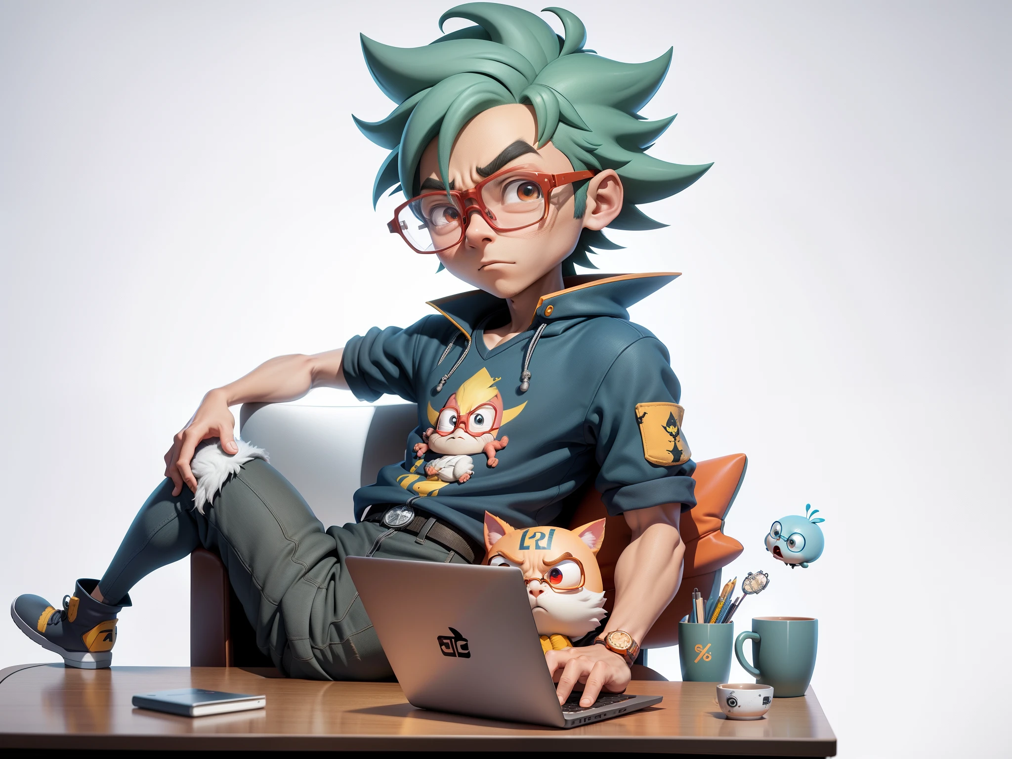 A young man with glasses sits at his desk,holding laptop,digitial painting,3D character design by Mark Clairen and Pixar and Hayao Miyazaki and Akira Toriyama,4K HD illustration,Very detailed facial features and cartoon-style visuals。