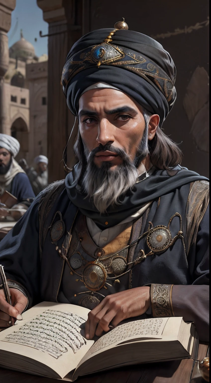 Moroccan scholars arabe simple clothing with black turbans writing ancient Scrolls and Reading Books in moroccan riad hyper realistic Faces correct proportions super detailed clothing