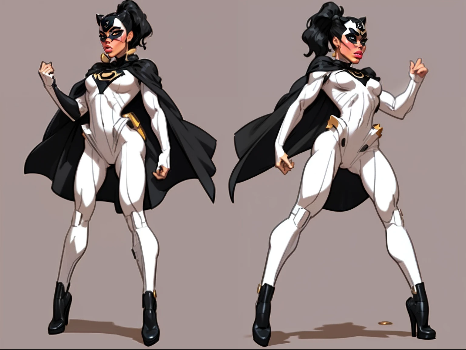 ((masterpiece)),(((best quality))),((character design sheet)), ((full body view)) illustration,1girl, muscular, ((white bodysuit:1.5)), (masked face:1.4) (black panther mask:1.2) superhero, (black ponytail:1.4), (puffy lips:1.6) (black cape:1.4) beautiful woman, (small breasts:1.3)(black legs:1.3)shiny skin, (gold emblem on chest:1.2),scribbles and marks, rough sketches, pose, 8k,16k, (simple background, white background: 1.3)