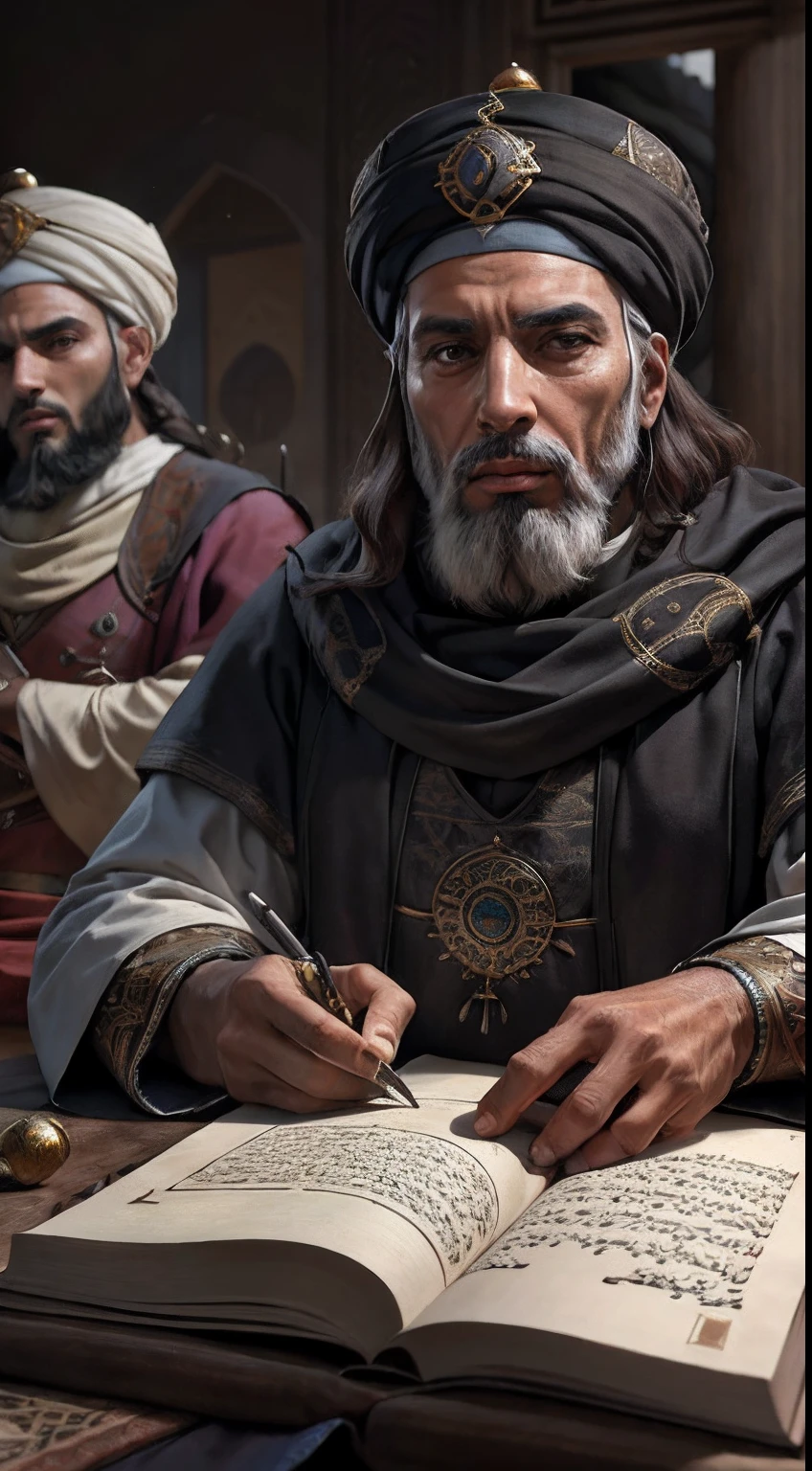 Moroccan scholars arabe simple clothing with black turbans writing ancient Scrolls and Reading Books in moroccan riad hyper realistic Faces correct proportions super detailed clothing