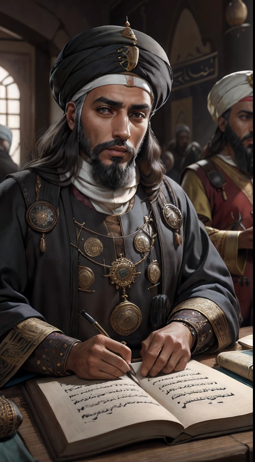 Moroccan scholars arabe simple clothing with black turbans writing ancient Scrolls and Reading Books in moroccan riad hyper realistic Faces correct proportions super detailed clothing
