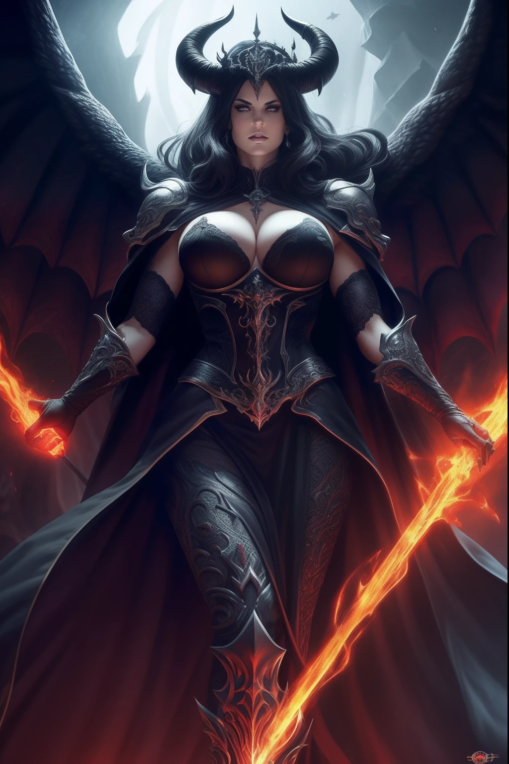 Lisa Ann ultra-detailed: The Empress of Darkness, Background to the destruction of hell, diabolique, insidieux, invincible, couronne sombre, Evil queen, Robe noire et rouge, demon wings dans le dos, Demon horn, Realistic detailed eyes, Shaded illustration of a high-quality cell in hell, corps entier, pose dynamique, anatomie parfaite, centered, Freedom, soul, Approche de la perfection, Ombrage de cellule, 8k , Cinematic dramatic atmosphere, Illumination globale, detailed and intricate environment, ArtStation, Art conceptuel, mise au point fluide et nette, volumeric lighting, lighting cinematic