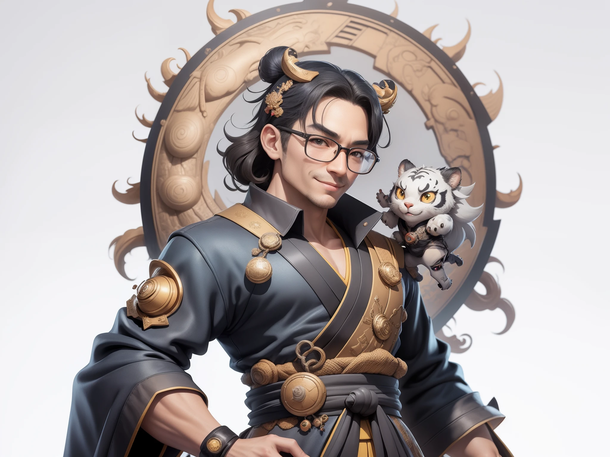 (Masterpiece), (Excellent), (Super Meticulous), (Full Body: 1.2), Super Young Man with Japanese Female Geisha, Pretty, Beautiful, Chinese Dragon, Tiger, Wind God Thor, Sexy, Bursting, Oriental Face, TV Anchor, Bust Portrait Illustration, Black Suit, Blue Tie, Slightly Chubby Face, Silver Glasses, Very Clean Face, No Beard on Chin, Black Super Short Hair, Black Eyes, Confident Smile, 3c Computer Sub-Products, iPad, iPhone, Digital Painting, 3D character design by Mark Clairedon and Pixar and Hayao Miyazaki and Akira Toriyama, the illustrations are HD illustrations in 4K resolution with highly detailed facial features and cartoon-style visuals.