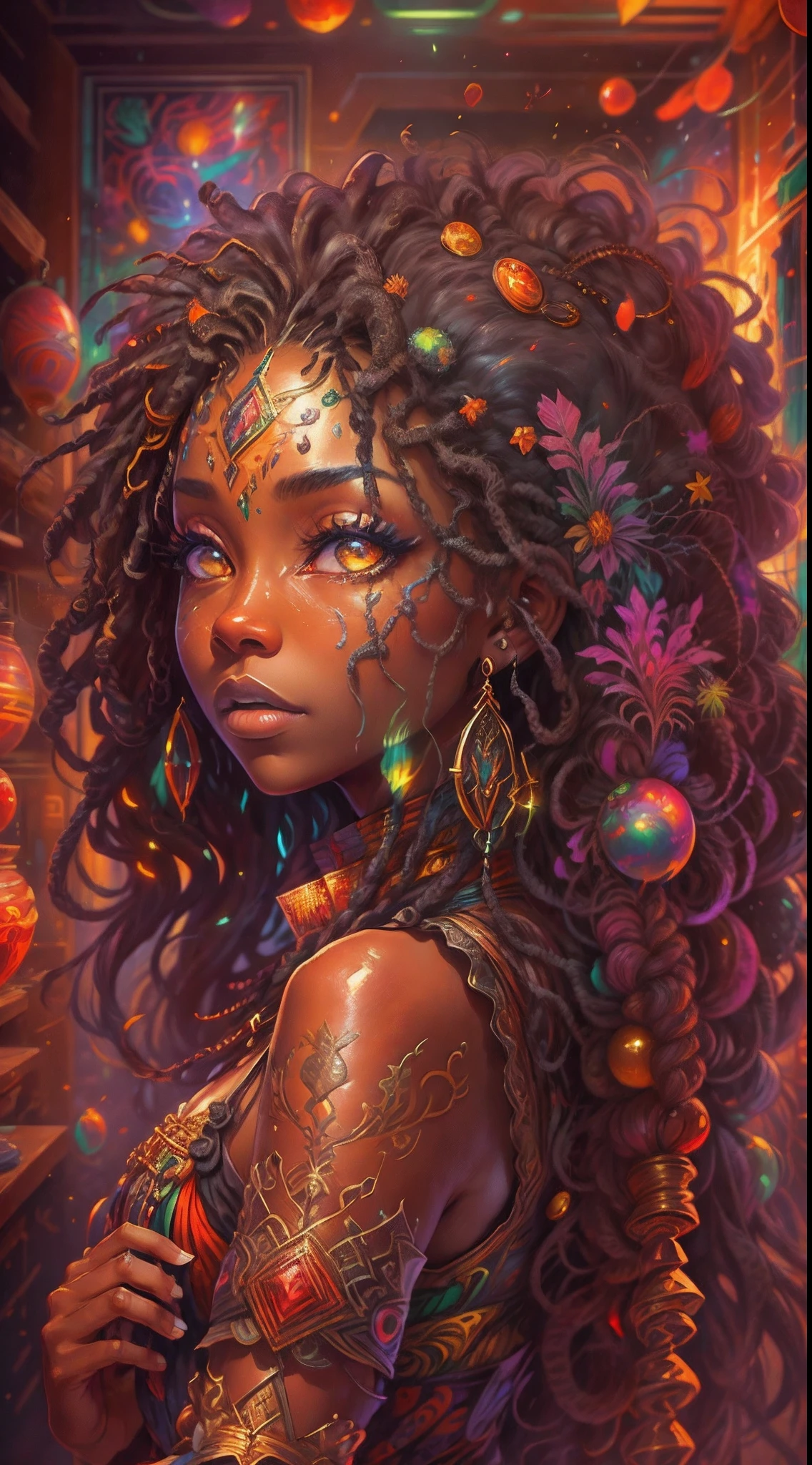 This is a thrilling fantasy image with ultra-realistic realism, vaguely abstract detailing, psychedelic patterns, and draws heavy inspiration from Rasta style and Jamaica. Generate a beautiful and petite Jamaican woman with stunning eyes and highly detailed dreads in various shades of brown, dark red, and dark orange. (Include beautiful detail eyes with realistic shading.)（Dread Locs Hair style：1.3）,（tmasterpiece，best qualtiy：1.2），illustration，8k wallpaper，Dazzle，（Portals：1.1）