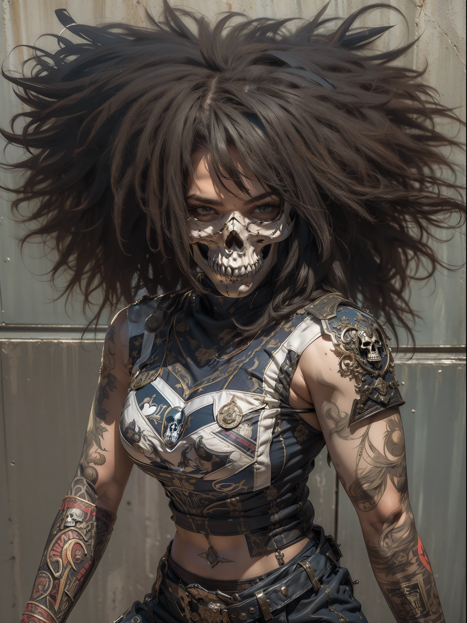 (((mulher))), (((melhor qualidade))), (((obra prima))), (((adulto))), (((1girl))), ((( corte de cabelo bob ))), ((( armadura ))), Uma gladiadora cyberpunk mulher de 25 anos com corpo perfeito, Skull-shaped black metallic pectoral, shoulder pads with metal spines, Gladiadores do Brooklyn, (( corte de cabelo bob )), tiny leather panties, camiseta de time de rugby rasgada, quase nua no estilo selvagem urbano de Simon Bisley para a capa da revista Heavy Metal, Cabelo loiro curto, Minimum clothing, Metal protection on the left arm with intricate graphics, Dark red with white stars and white and navy blue checkerboard pattern, armadura, cheio de pontas e rebites, (((do joelho pra cima))), cabelos loiro branco curto, no fundo uma parede pintada por Shepard Fairey com um design intrincado