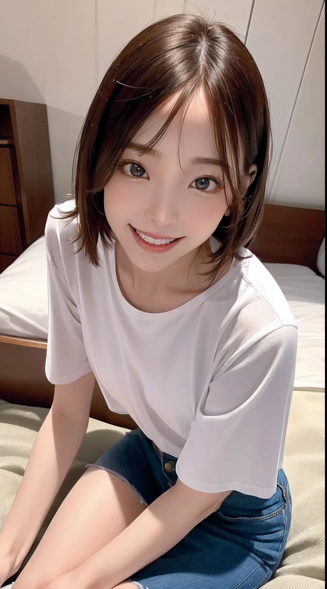 masterpiece、one beautiful women、A detailed face、A detailed eye、Detailed skin、top-quality、japanes、Illuminated from the front with bright lighting、profetional lighting、Always face straight ahead、The background is a little blurry、24 year old、Bright morning sun shining in a Western hotel room in the background、Sitting on the bed、Girl Wearing Oversized White T-Shirt、a smile、