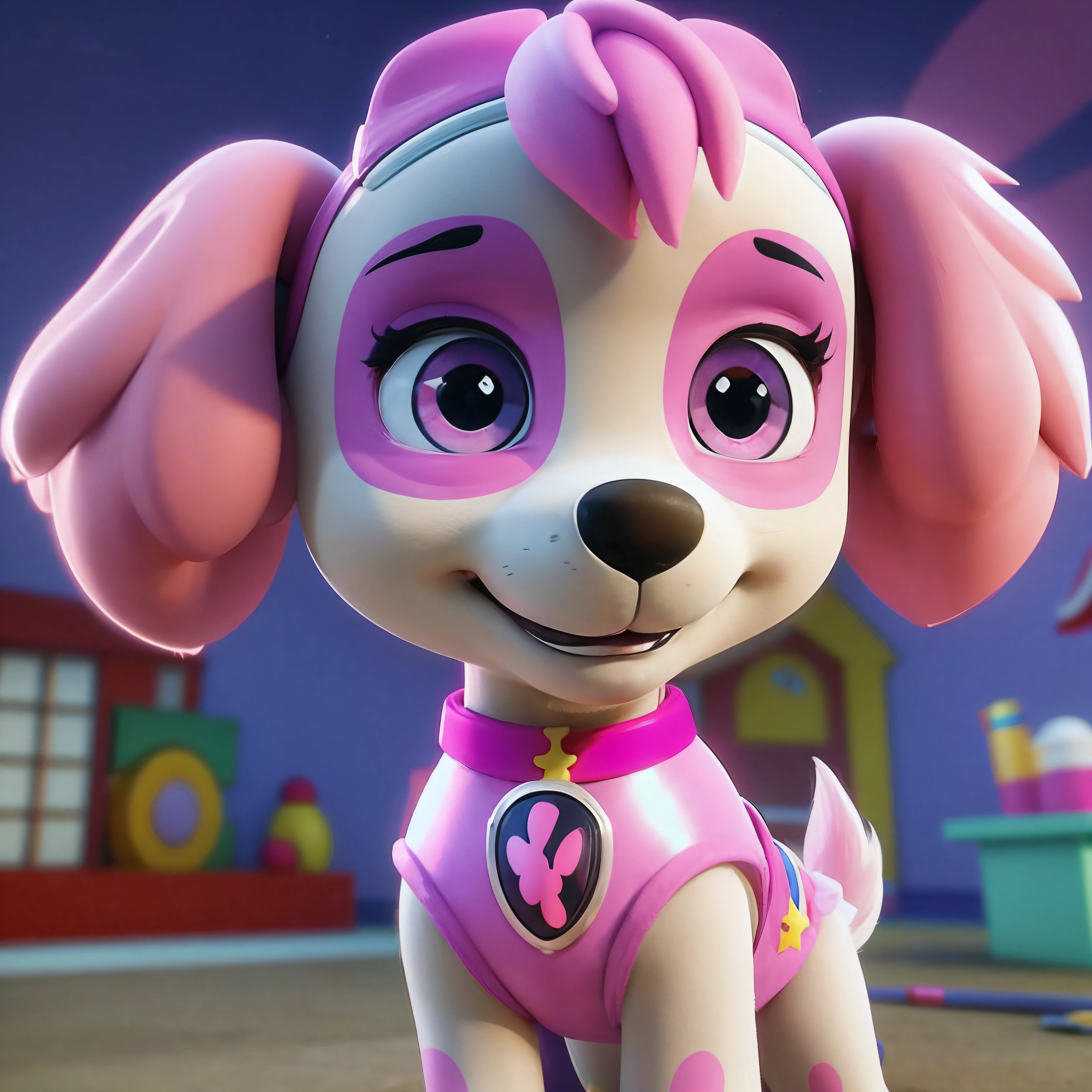 Paw Patrol Skye in a clown outfit, clown girl pup, pink eyes, cutie, 4K, 3D