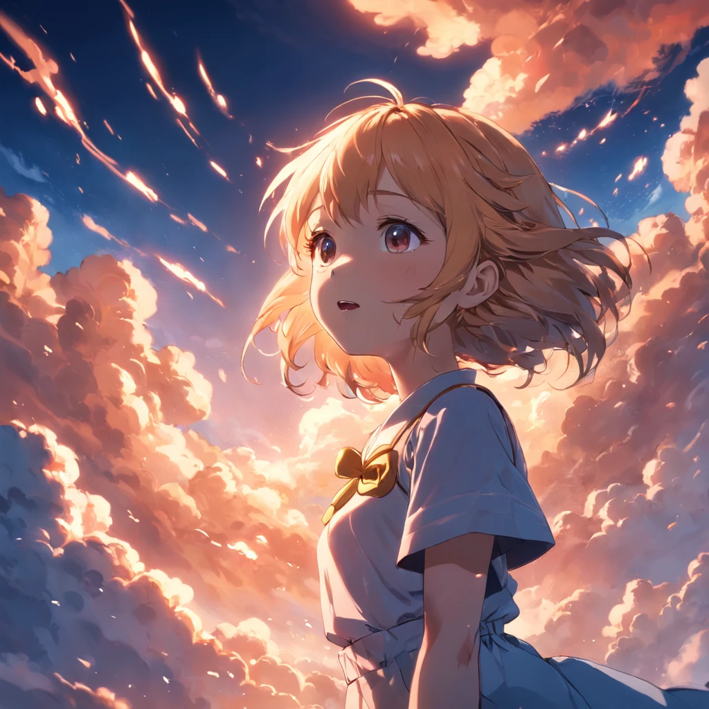 masterpiece, best quality, movie still, 1girl, cloud girl, floating in the sky, close-up, bright, happy, warm soft lighting, sunset, (sparks:0.7)