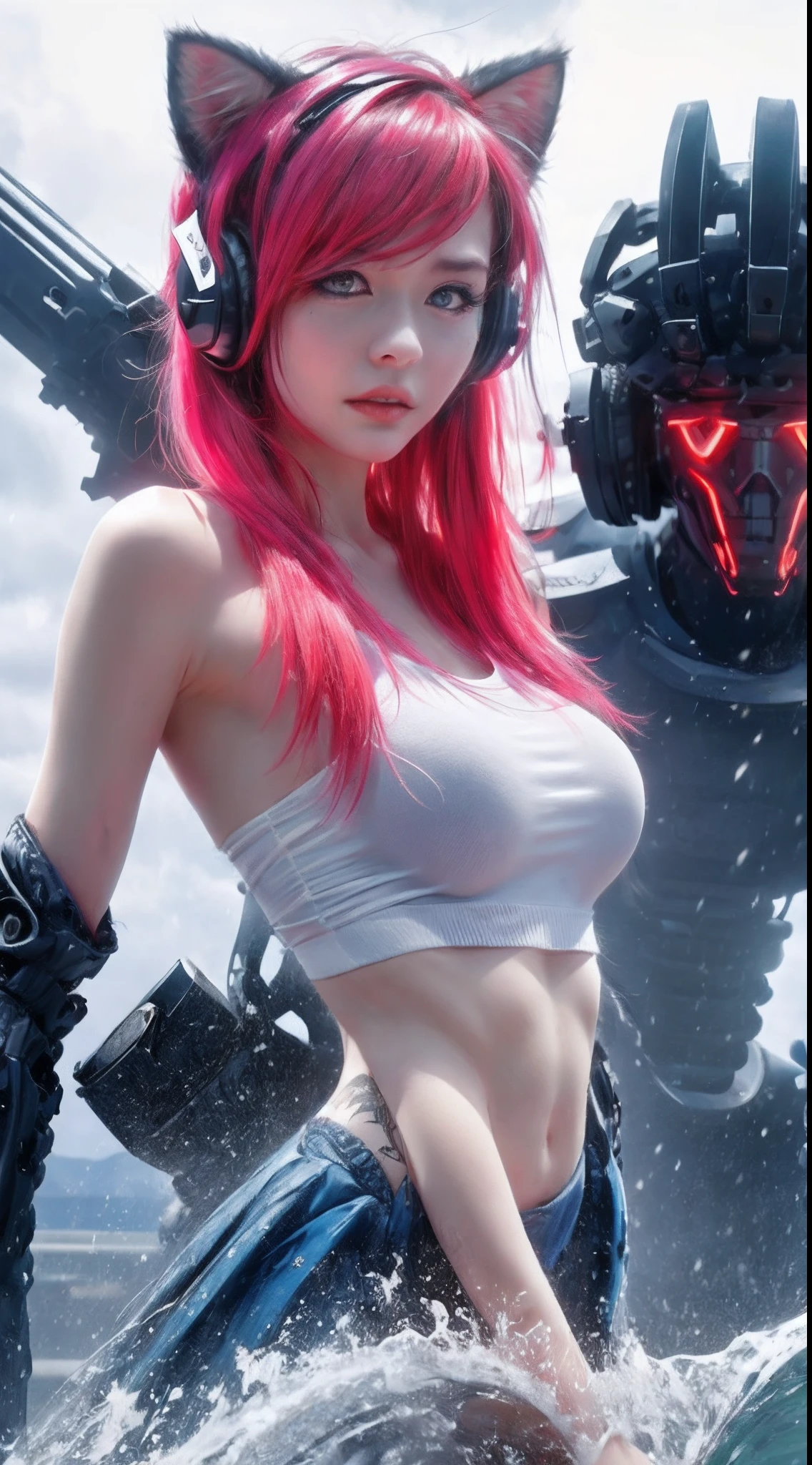 cat ear,Climb up to tease the audience,Seductive eye details,cropped shoulders,huge tit,the skin is wet,outside
A mech full of leakage
schoolgirl,Fuchsia hair,With silver headphones,Blue eyes,Red lips are attractive,The upper part of the body,white shirt,cropped shoulders,huge tit,There are tattoos on the shoulders