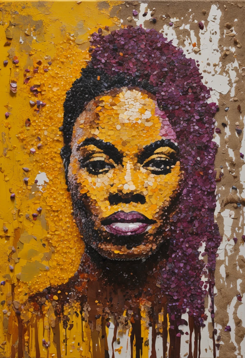 (((obra de Vik Muniz))), Beyoncé's face made with acai seed, melhor qualidade, altamente detalhado, master part, cores vibrantes, Using acai seeds, acai art, detalhes intrincados, realistic depiction, textura rica, fino artesanato, Impressive composition(pt)