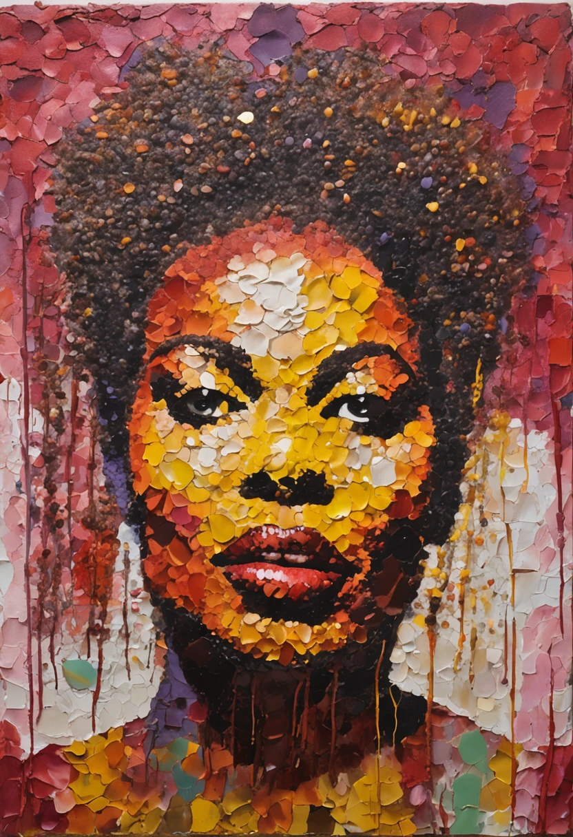 (((obra de Vik Muniz))), Beyoncé's face made with acai seed, melhor qualidade, altamente detalhado, master part, cores vibrantes, Using acai seeds, acai art, detalhes intrincados, realistic depiction, textura rica, fino artesanato, Impressive composition(pt)