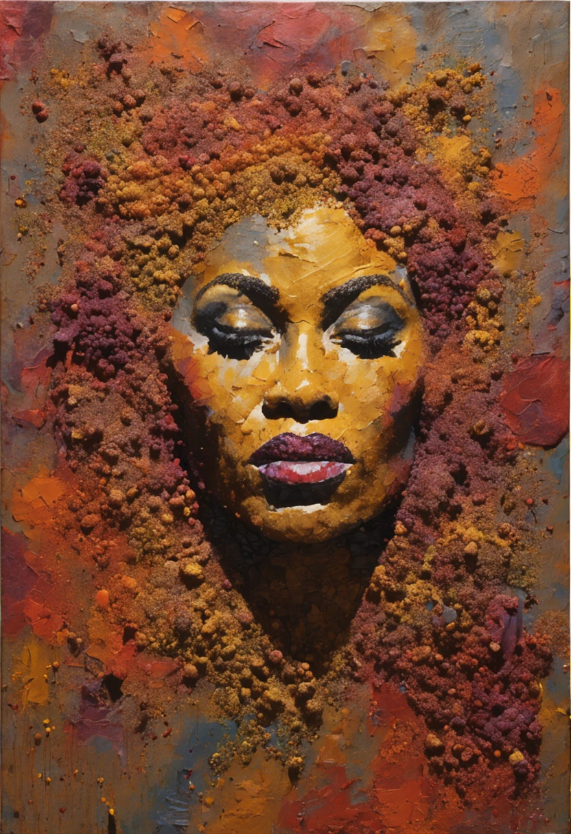 (((obra de Vik Muniz))), Beyoncé's face made with acai seed, melhor qualidade, altamente detalhado, master part, cores vibrantes, Using acai seeds, acai art, detalhes intrincados, realistic depiction, textura rica, fino artesanato, Impressive composition(pt)