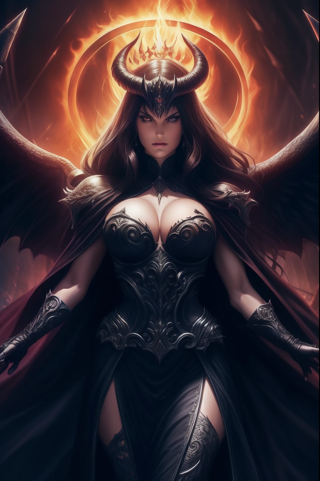 Lisa Ann ultra-detailed: The Empress of Darkness, Background to the destruction of hell, diabolique, insidieux, invincible, couronne sombre, Evil queen, Robe noire et rouge, demon wings dans le dos, Demon horn, Realistic detailed eyes, Shaded illustration of a high-quality cell in hell, corps entier, pose dynamique, anatomie parfaite, centered, Freedom, soul, Approche de la perfection, Ombrage de cellule, 8k , Cinematic dramatic atmosphere, Illumination globale, detailed and intricate environment, ArtStation, Art conceptuel, mise au point fluide et nette, volumeric lighting, lighting cinematic