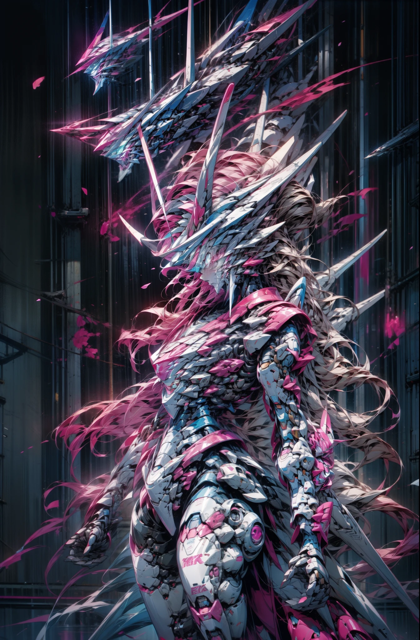 Chinese-style mechs stand next to tall buildings,Pink Long Hair,01,High-quality textures,style of anime,Ultra-clear,8K分辨率,Holding a long knife in one hand,in Pink and white,Use shadows to correct raycasts,Ultra-clear,8K分辨率