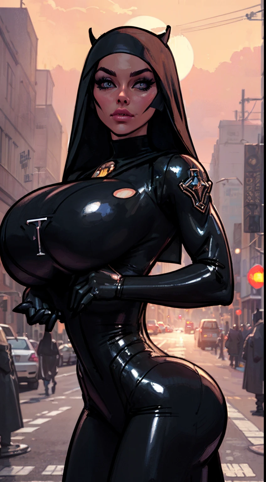 ((Cowboy shot:1.4)) 1 Same Girl , Perfect Beautiful , robot Face , ((android woman)),( metallic android , long Hair , Black Gothic Nun Dress , Athletic Body , ((gigantic breasts:1.2)) Extreme Detailed Portrait With Bokeh Effect , Realistic Lighting , Night Street View , Dark Vibe , Crowd , Gothic Makeup , Gothic Tattoo , Posing Like a Model , Look at Viewer, cool lighting, blue street lamp light((sunset ambiance light:1.0))