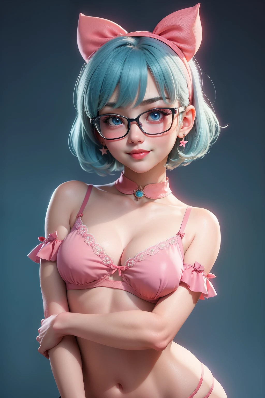1girl, cute japanese girl, big eyes, sensual face, seductive smile, solo, short hair, erotic mini sport bra, red color bra, detailed flower motive on bra, devil horns headband, collar, collarbone, red sensual lips, off shoulder, perfect round breast, small breast, cleavage, underboobs, erotic, nsfw, glasses, blush, seductive smile, cute face, looking at viewer, sexy pose, blue background, light green hair, simple background, sexy pose, blue eyes, lips, closed mouth, ribbon, hair ribbon, stellar earings, bangs, upper body, parted bangs, pink ribbon