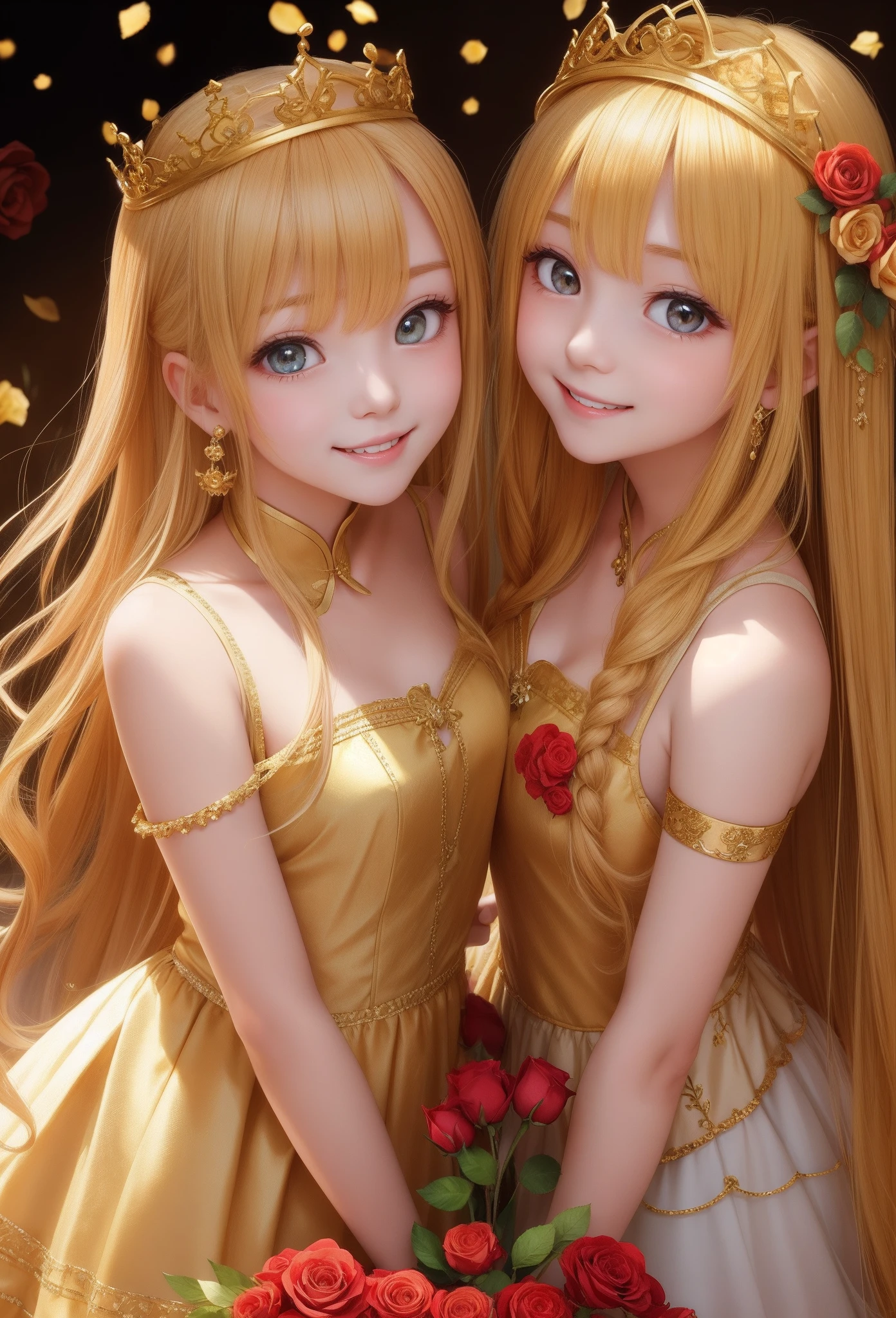 Only the smile of 2 cute girls、duo,Golden eyes、Golden hair、full of roses、crowns、