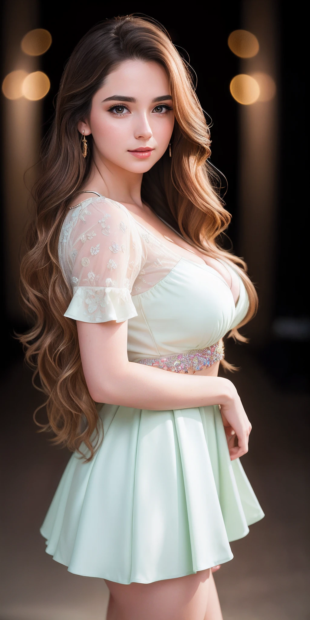 Photo of 25 year old girl, (brown hair with extra long wavy), ((portrait)), (Detailed face: 1.2)), (Detailed facial features)), (Fine skin), pale skin, high detail and deep cleavage, slim body, (cold color), reflection, (masterpiece) (Perfect proportions) (realistic photos) (highest quality), shot with Canon EOS R5, 50mm lens, f/2.8, HDR, (8k) (wallpaper) (movie lighting) (dramatic lighting) (sharp focus) (complex), (blouse, mini flared pastel skirt), ((full body shot)), (studio background), ((from below))