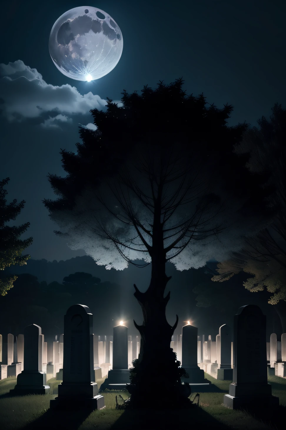 A night image of a full moon hanging over a silent cemetery. The tombstones are partially illuminated by lunar light, criando uma atmosfera arrepiante.