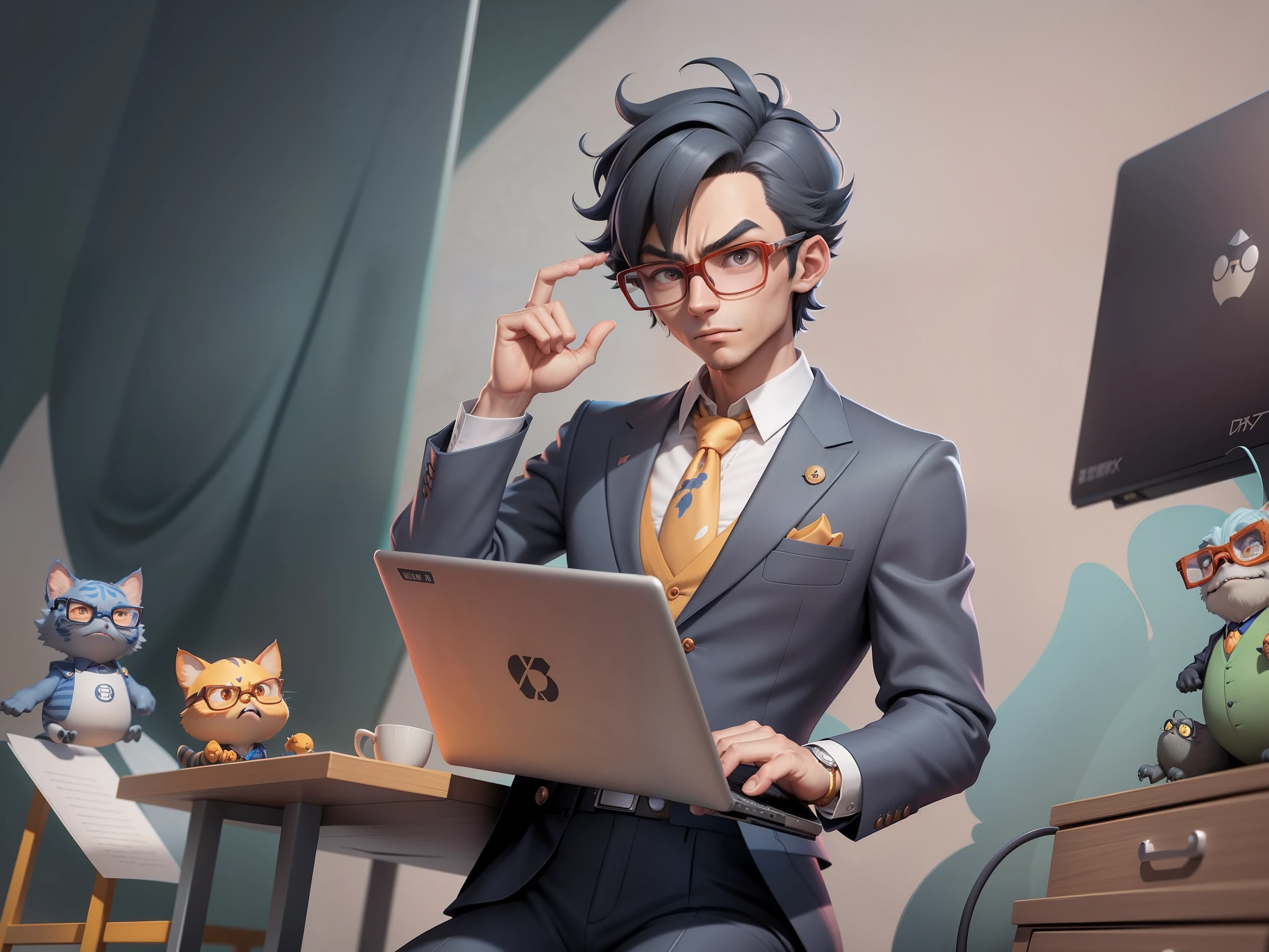 A young man in a suit, Short hair and glasses sat at his desk,holding laptop,digitial painting,tigre,3D character design by Mark Clairen and Pixar and Hayao Miyazaki and Akira Toriyama,4K HD illustration,Very detailed facial features and cartoon-style visuals。