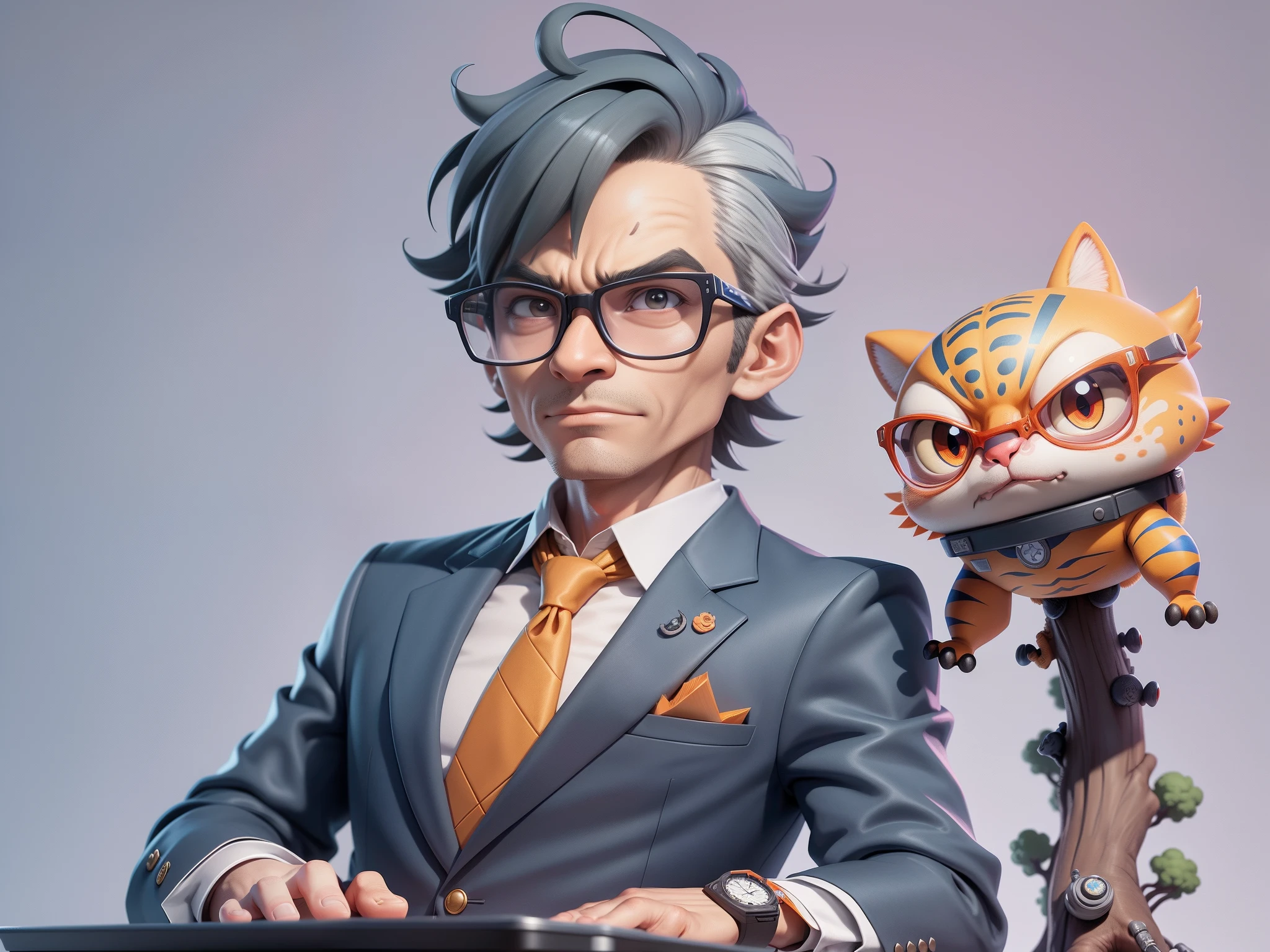 A young man in a suit, Short hair and glasses sat at his desk,holding laptop,digitial painting,tigre,3D character design by Mark Clairen and Pixar and Hayao Miyazaki and Akira Toriyama,4K HD illustration,Very detailed facial features and cartoon-style visuals。