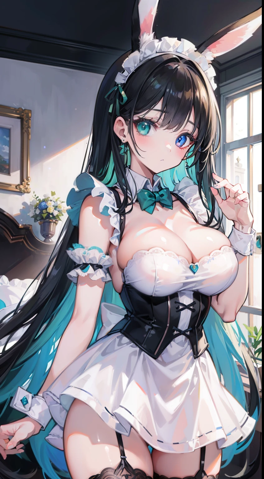 High quality, masterpiece, ultra-detailed, 1girl, bunny maid outfit, solo, peaceful expression, long black hair, enchanting eyes, blue and green eyes, heterochromia, bunny ears, ridiculously large breasts, shiny skin, bedroom
