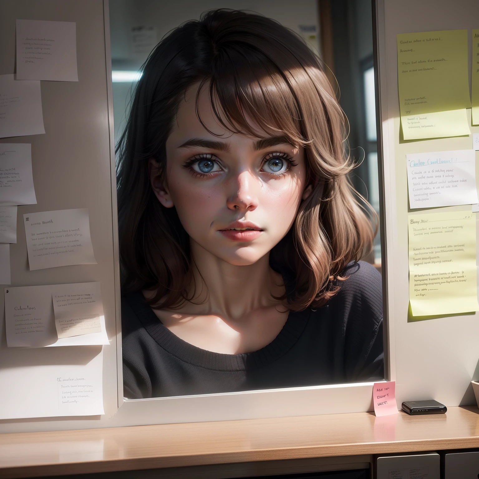 "Illustrious Charlie Brooke in the Writers' Room, discuss《Black Mirror》Innovative concept for the series, Use a board full of post-it notes and notes, Show off your smart mind and ability to create compelling stories."