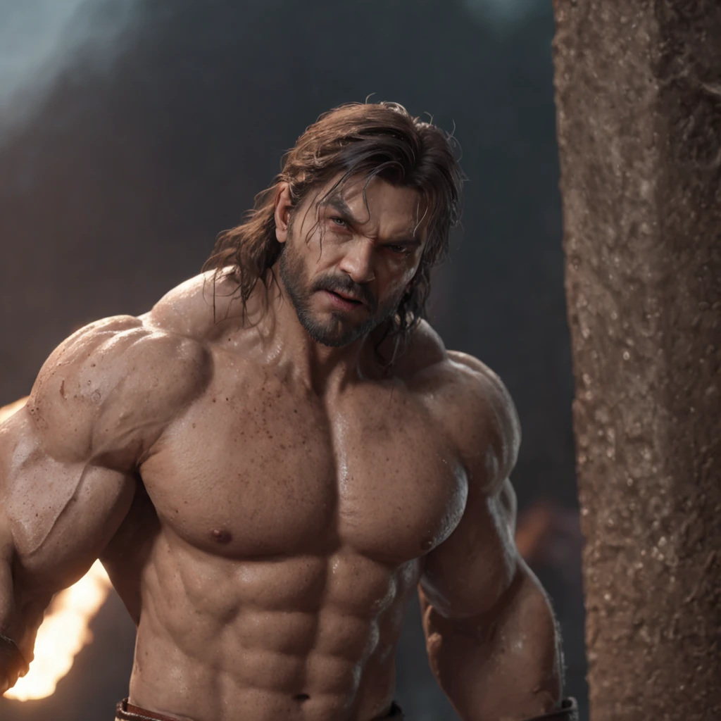 (professional 3d render:1.3) af (Realistic:1.3) most beautiful artwork photo in the world,Features soft and shiny male heroes, ((Epic hero fantasy muscle man rough wet hero angry look long hair short beard and ferocious expression in dynamic pose, Fantastic location, Majestic cluttered environment)), full body 8k unity render, action shot, skin pore, very dark lighting, heavyshading, Detailed, Detailed face, (vibrant, photograph realistic, Realistic, Dramatic, Dark, Sharp focus, 8K), (Old leather garments damaged by weathering:1.4), ((((Wear fur)))), (Intricate:1.4), decadent, (Highly detailed:1.4), Digital painting, rendering by octane, art stations, concept-art, smooth, Sharp focus, illustration, Art germ, (loish:0.23), wlop ilya kuvshinov, and greg rutkowski and alphonse mucha gracias, (Global illumination, Studio light, volumettic light), heavy rain, particles floating, lotr, fantasy, elf, full bodyesbian, ((Dark and ancient city background:1.3)),CGSesociety,art stations