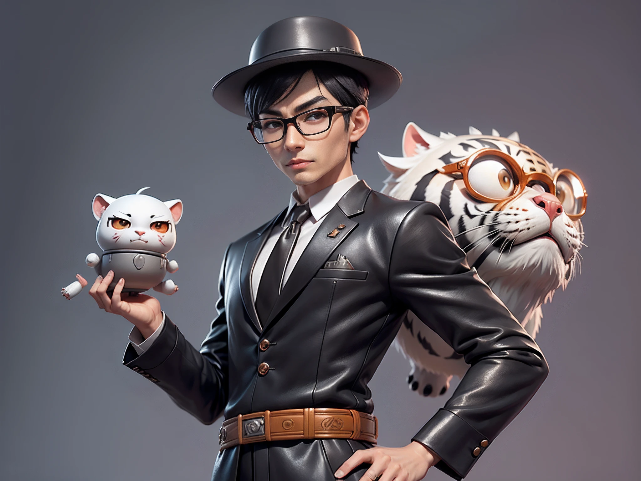 Young man with oriental face in leather hat, dragon, formal suit, short black hair, silver glasses, digital painting, 3D character design by Mark Clairedon and Pixar and Hayao Miyazaki and Akira Toriyama, the illustration is a high-definition illustration in 4K resolution with very detailed facial features and cartoon-style visuals.