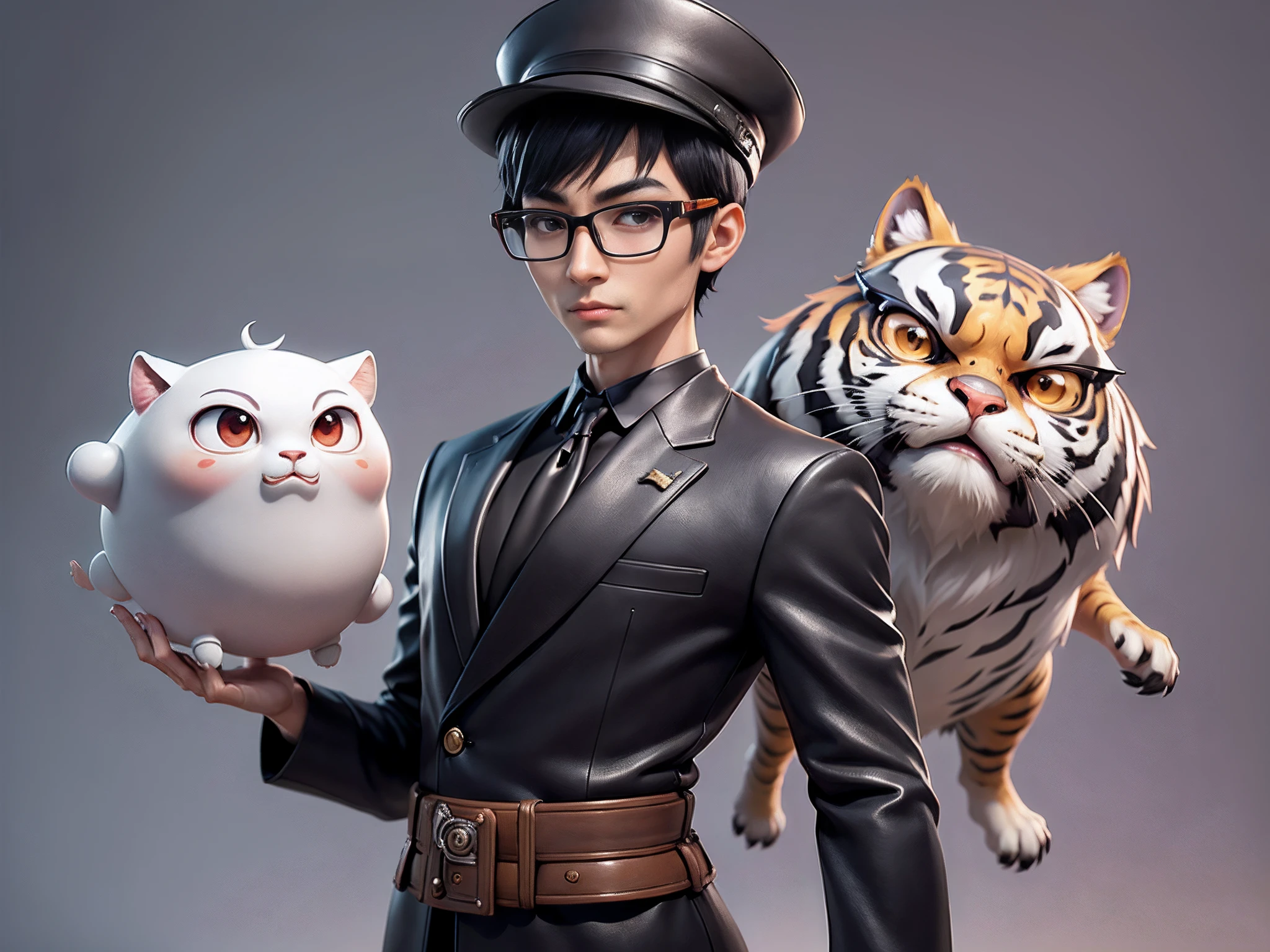 Young man with oriental face in leather hat, tiger, oriental face in formal suit, short black hair, silver glasses, digital painting, 3D character design by Mark Clairedon and Pixar and Hayao Miyazaki and Akira Toriyama, the illustration is a high-definition illustration in 4K resolution with very detailed facial features and cartoon-style visuals.