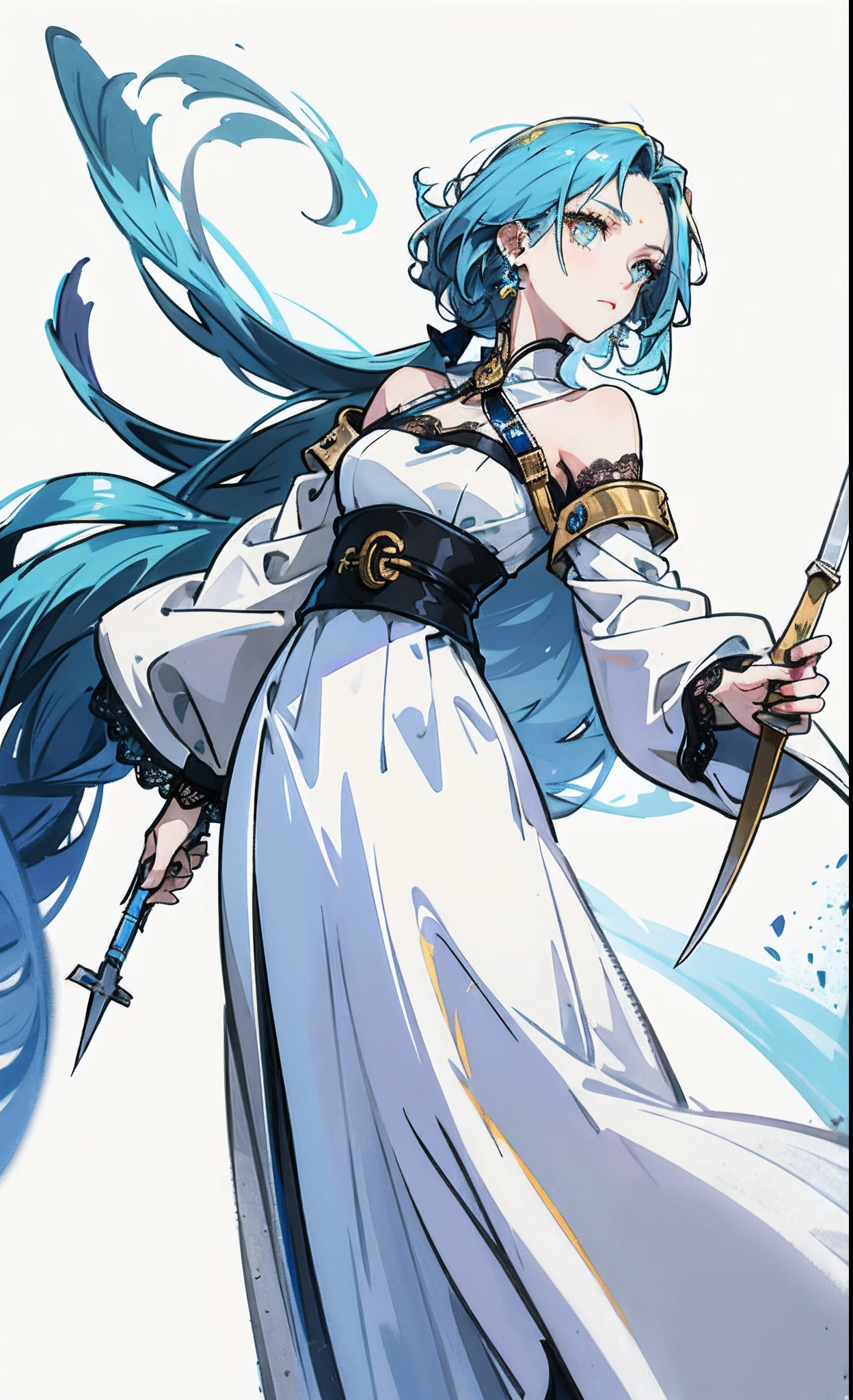 Ice blue hair,Golden eyes,HOLDING A SICKLE,a white long skirt,Lace