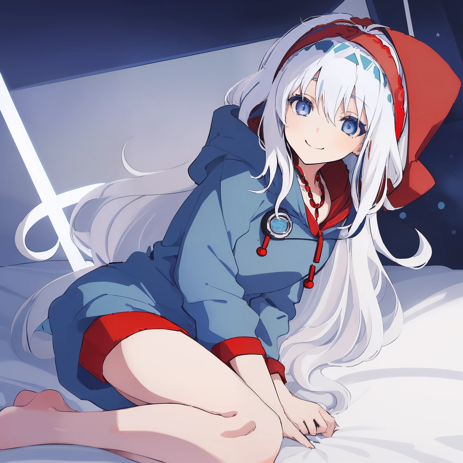 ((((1 woman)))), fullbody, parka, parka dress, wide sleeves, loose parka, ((((hood up)))), ((((white hair)))), ((((blue eyes)))), long hair, happy, smile, 18 year old, dynamic angle, ((((blue hairband)))), bed room, hentai, ((((red necklace)))), barefoot