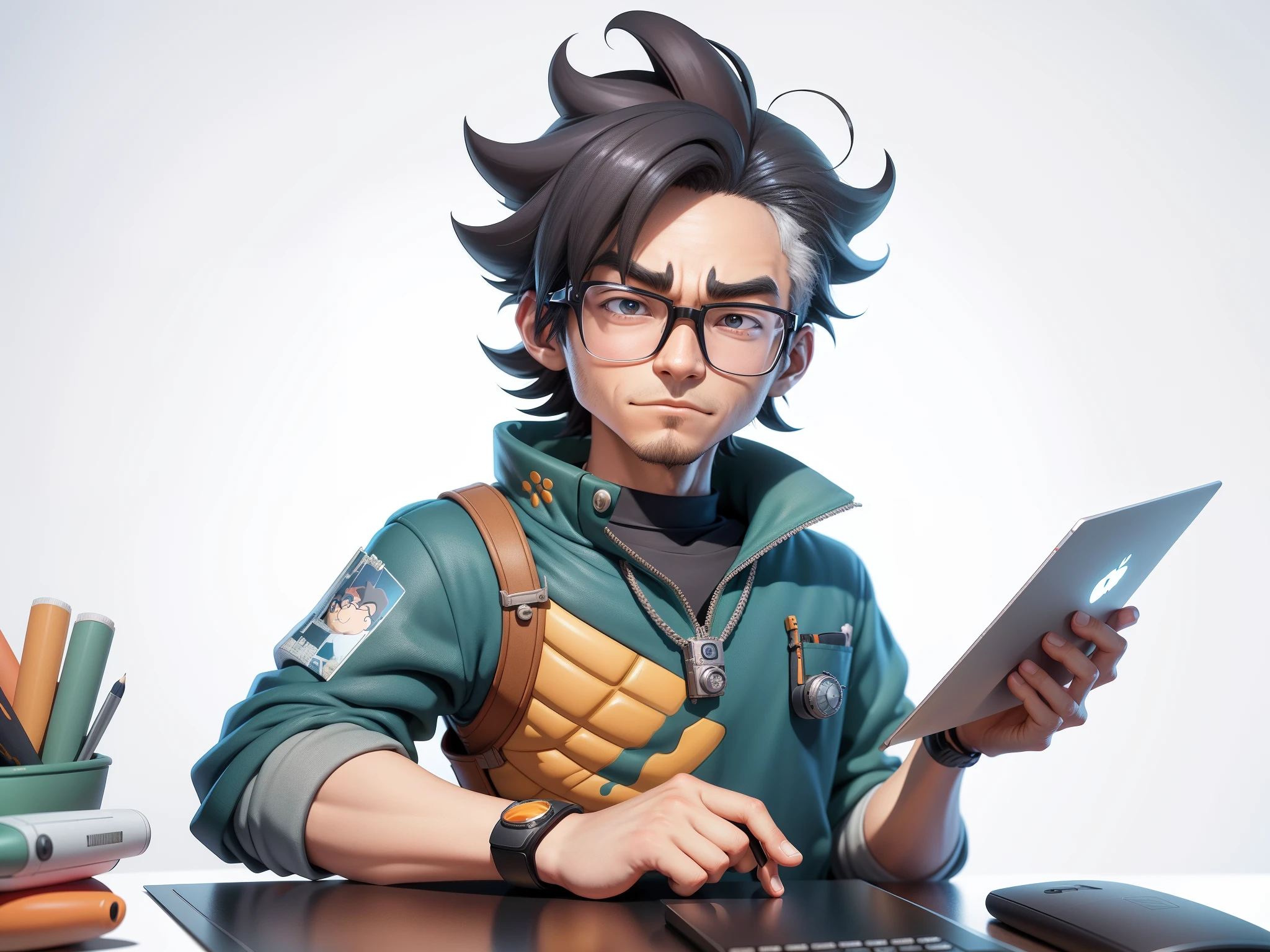 A young man with glasses sits at his desk,holding laptop,digitial painting,3D character design by Mark Clairen and Pixar and Hayao Miyazaki and Akira Toriyama,4K HD illustration,Very detailed facial features and cartoon-style visuals。