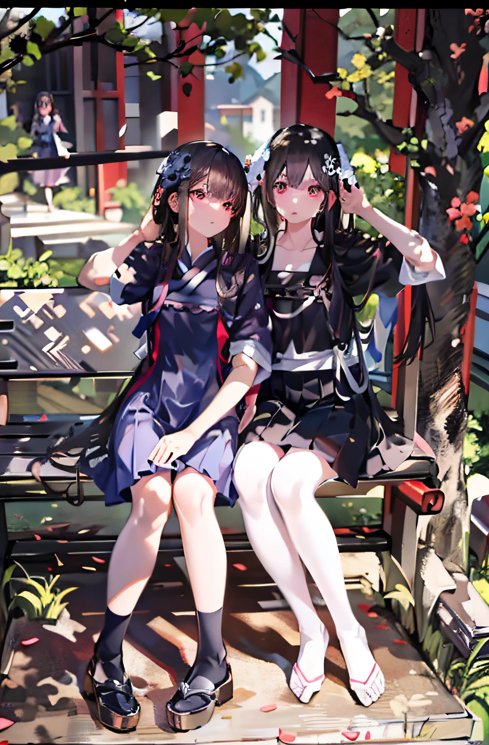 Two women sitting on a park bench,There is a bird on his head, With black, personal profile picture, Two girls, Ruan Jia and Fenghua Zhong, zmonzheng, cutecore, Cute girls, Profile picture, 💣 💥, taken in 2 0 2 0, Sisters, two japanese schoolgirls posing, shaxi, 💣 💥💣 💥