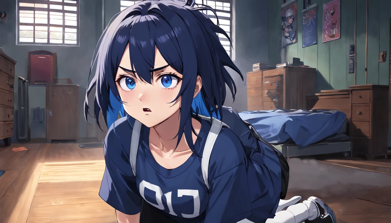 annoyed 20 year old, female bully gym outfit, navy blue hair gothic, in bedroom, glaring at viewer in disgust, spiky necklace, carrying heavy bookbag, focus on face, blue_eyes, navy blue t-shirt, dark room