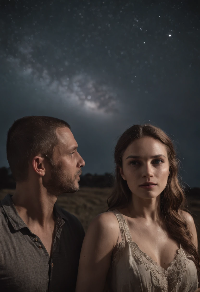 crie uma imagem realista de duas pessoas um homem e uma mulher, um pouco distantes um do outro com semblante de raiva e discutindo e brigando, and behind a dark landscape at night with a very heavy sky, uma imagem em 8k