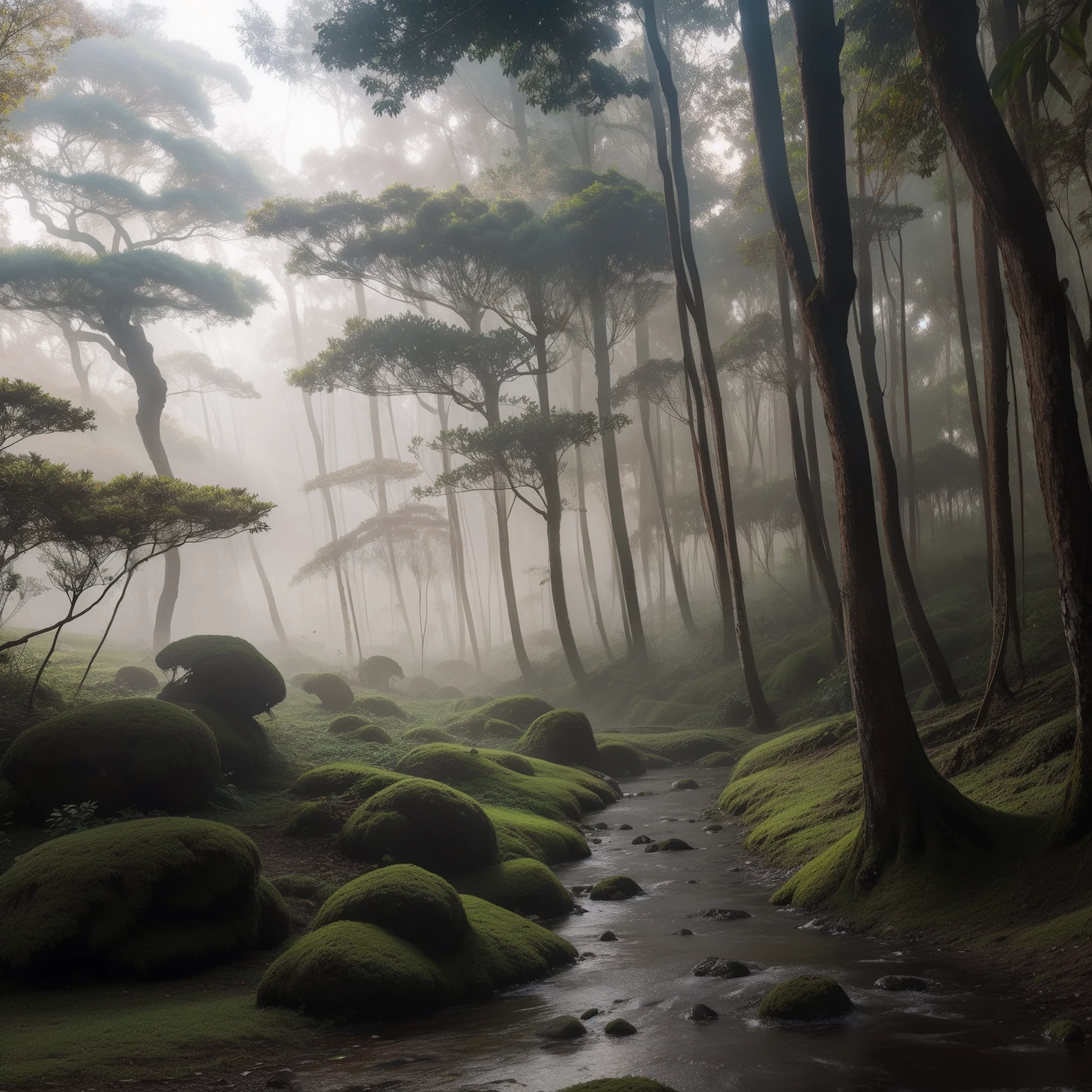 Floresta de cogumelos, floresta escura, neblina, cores escuras, lama, agua, sombras, melhor qualidade, scenecy, neblina
