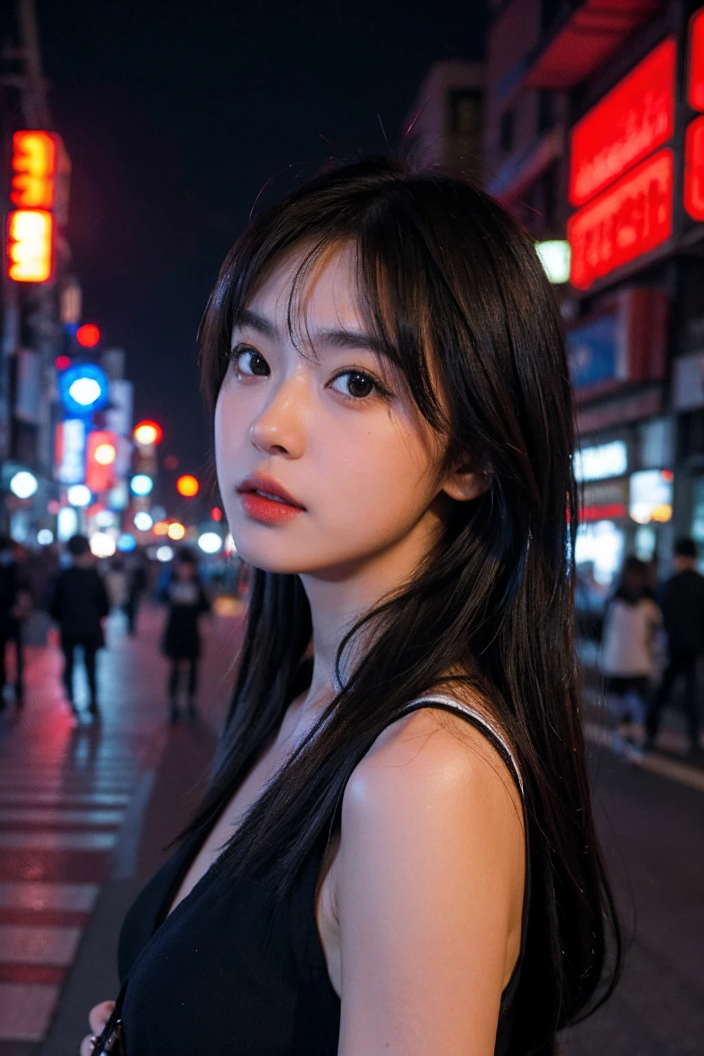 1girl, Tokyo street,night, cityscape,city lights, upper body,close-up, 8k, RAW photo, best quality, masterpiece,realistic, photo-realistic,