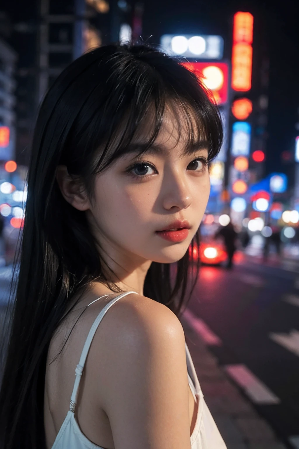 1girl, Tokyo street,night, cityscape,city lights, upper body,close-up, 8k, RAW photo, best quality, masterpiece,realistic, photo-realistic,