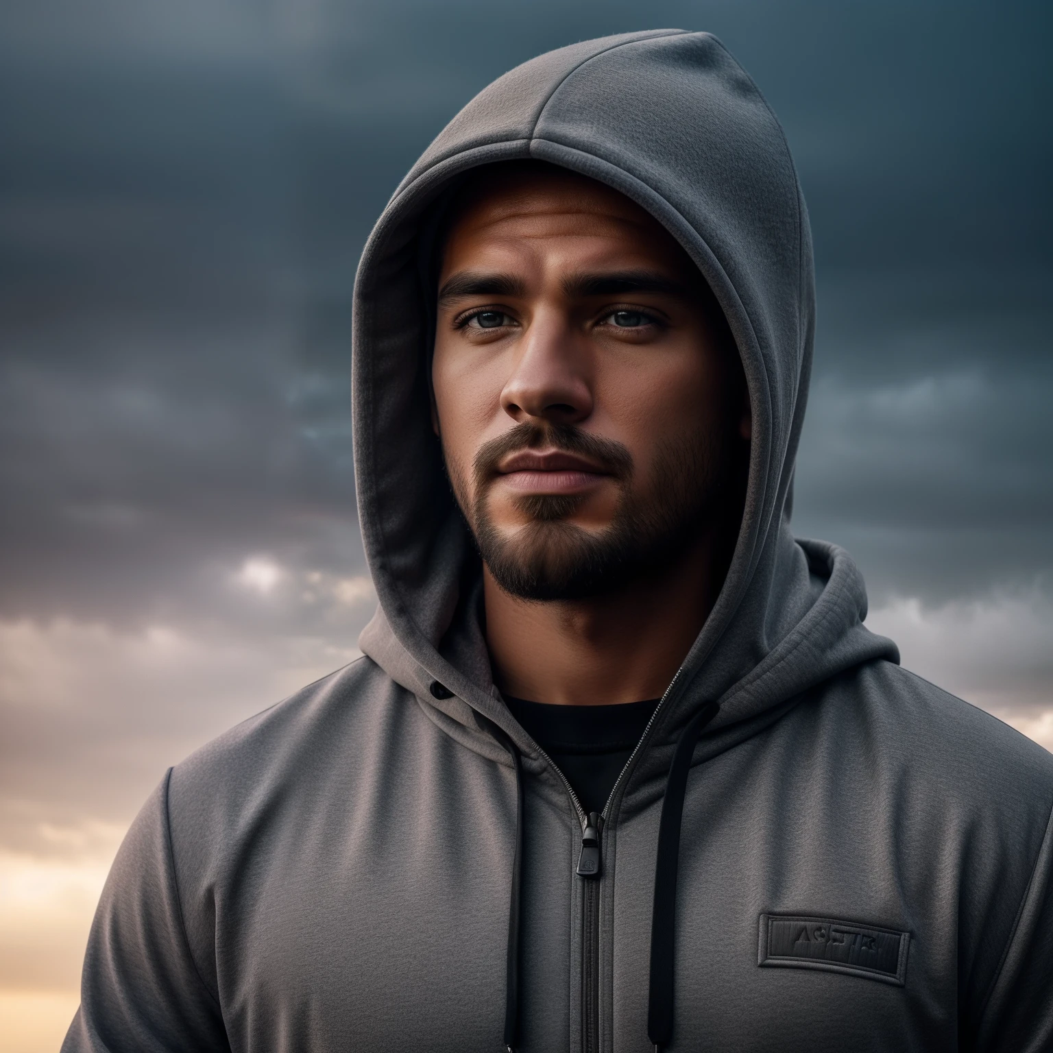 (master piece), (best quality), (4K), (movie), cinematic, photorealism, rendering, realistic, ultra detailed, perfect face, portrait frame, chest up, man wearing hood, handsome man, gray beanie hooded man, no hair, man 24 years old, medium beard, dark brown eyes, gray detailed and textured tracksuit, cloudy day, white clouds, cold colors, from the front, gorgeous, looking at camera, cold blurred background, low to high lighting