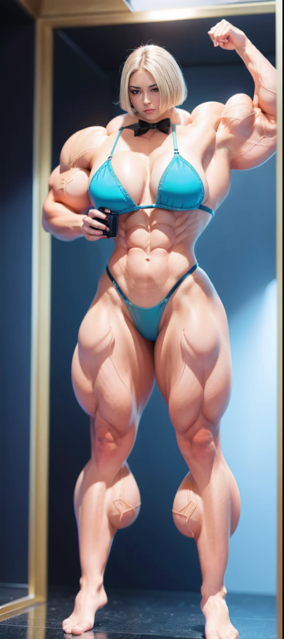 （tmasterpiece）， （best qualtiy）， 8K分辨率， ultra - detailed， photorealestic， photore， femele， with short golden hair，Eight-pack abs，3DMM style，full body shot shot，The whole body is facing the camera，Incredibly huge breasts，gigantic cleavage breasts，Light shines from the front，sci fi background，Exposing the abdomen，Light blue dark V high fork three-point bikini，（Female bodybuilder：1.5）