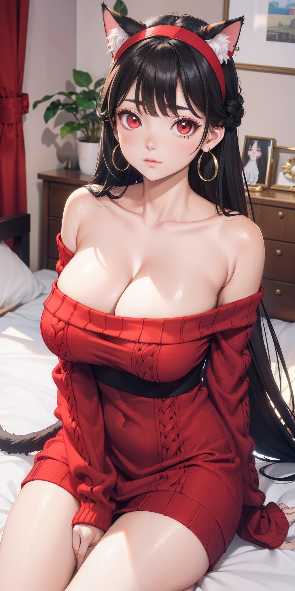 big breasts, ((1 cat girl)) ((One multicolorido hair)), Long hair, ((beautiful red eyes)) sharp eye, Beautiful skin, extremely sexy body, pretty face, Red eyes shoulders, Red knit dress, off shoulder knits, white headband, earrings, gold earrings, bedroom, embarrassed