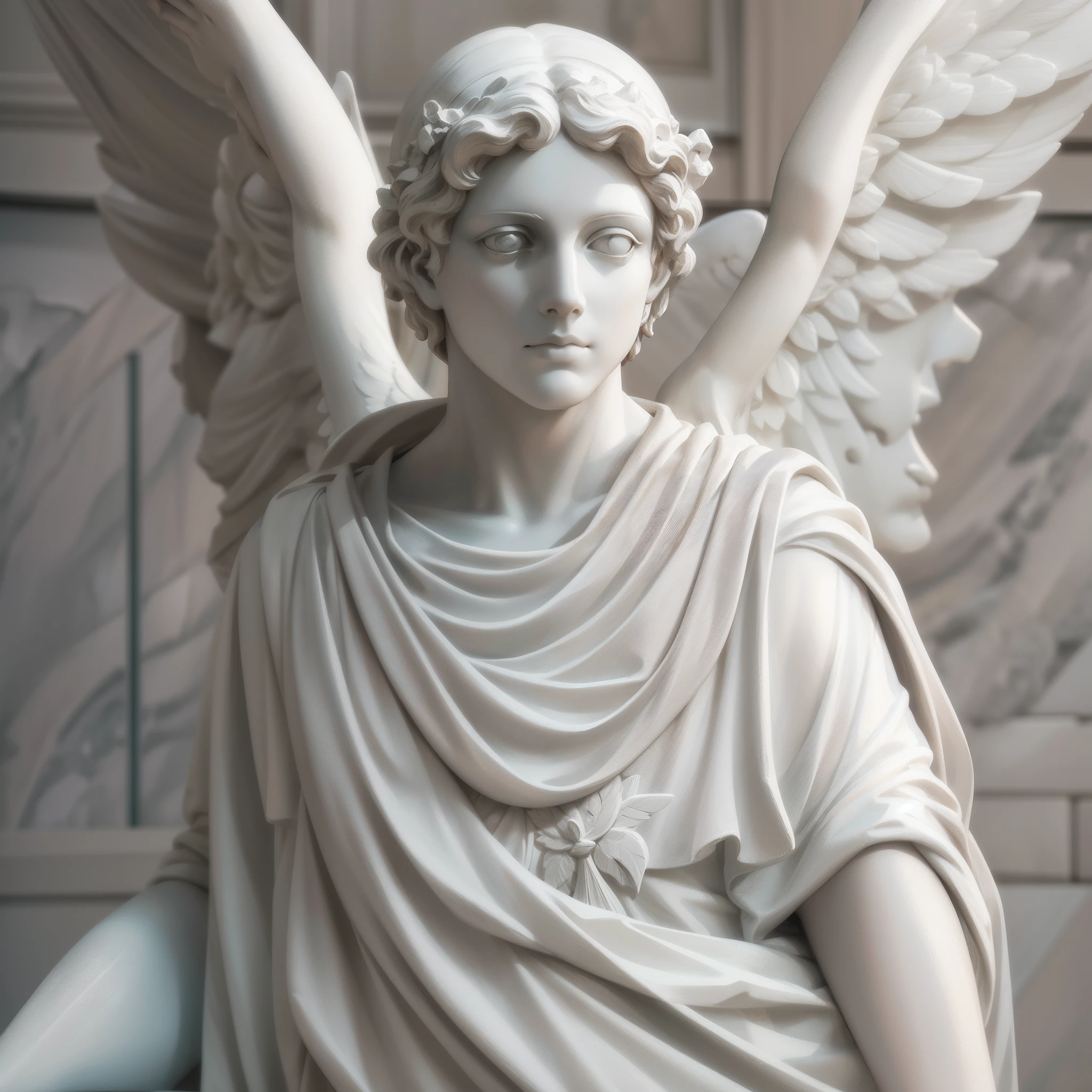 A realistic white Greek marble statue of a carefully detailed angel wearing a ghostly toga, fundo neutro, Moody, , fotorrealista, Jantar de cinema atencioso, super detalhada, Hiper realista, luzes brilhantes, 8 mil