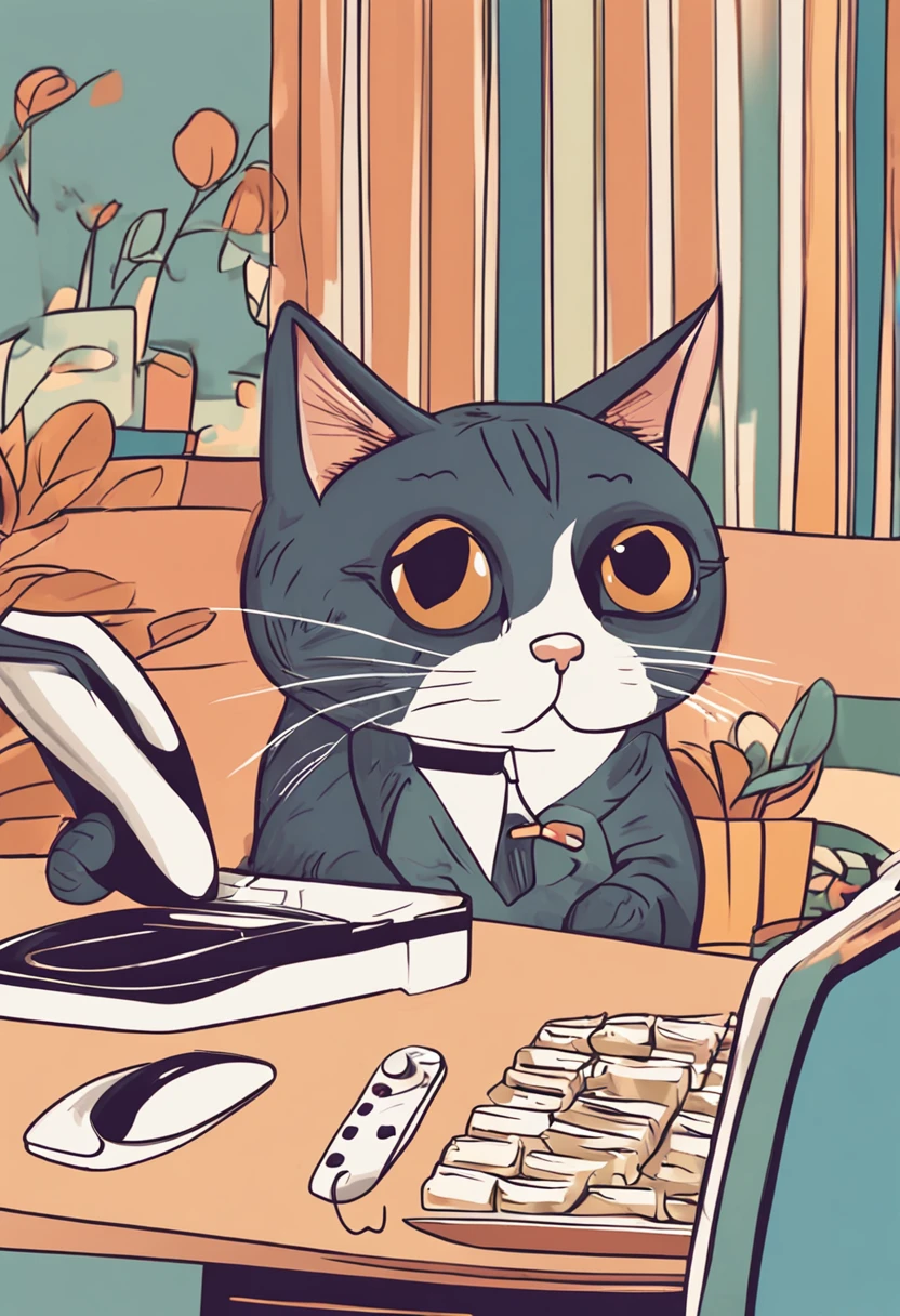 gato dos desenhos animados com telefone celular sentado em uma mesa com um fundo quadriculado, arte digital detalhada bonito, arte digital bonito, design do gato, painting digital adorable, caixa, gato bonito, stylized digital illustration, cute illustration, gato kawaii, anthropomorphic cat, Gato. pintura digital, miau, arte fofa, arte vetorial sombreada cel limpa, gato laranja, um gato bonito, cidade colorida no fundo